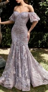 Floor length mermaid purple or rose off shoulder puff sleeve gown